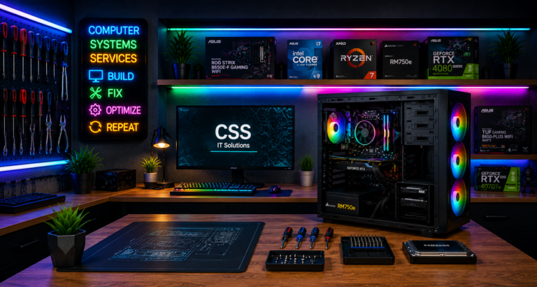 Ultra-wide modern computer repair workspace with RGB gaming PC, repair tools, neon “Computer Systems Services” sign, and CSS IT Solutions displayed on monitor in a professional tech support environment.